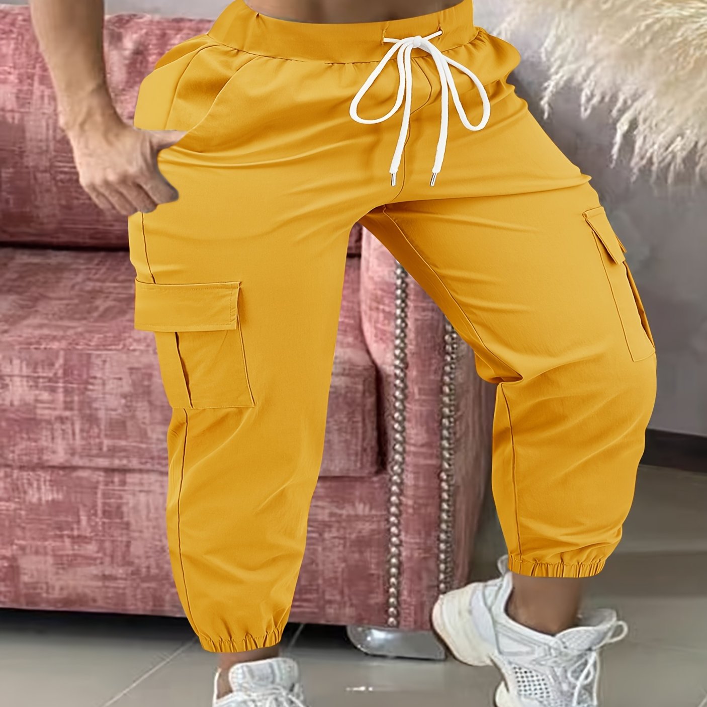 Pantalones cargo de talla grande para mujer en color verde oliva, casuales, con cinturilla ajustable, para todas las estaciones