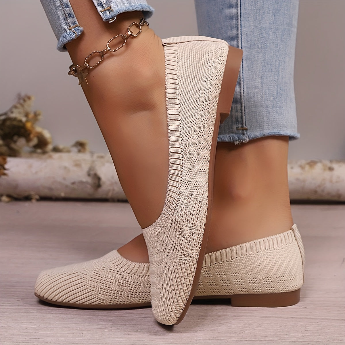 Women's Slip-On Square Toe Flats - Soft Fabric Upper Beige All-Season