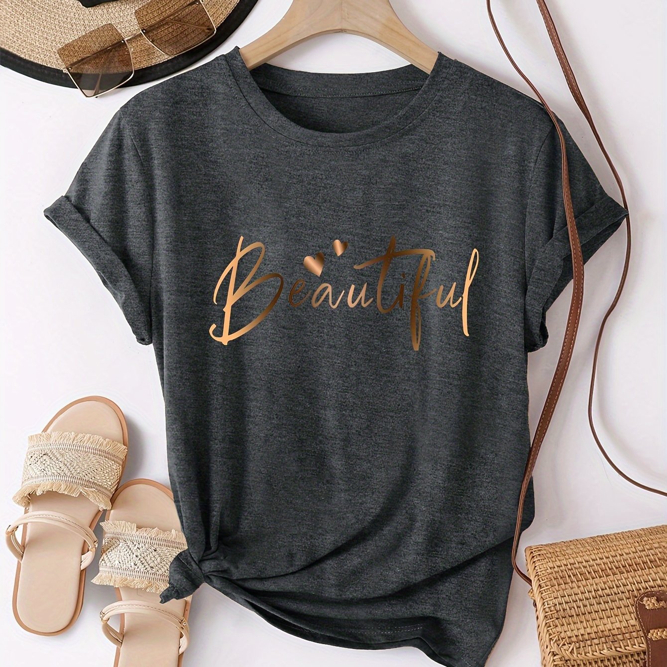 Women's Loose Fit Letter Print T-Shirt Crew Neck Short Sleeve Polyester Knit Spring Summer Autumn