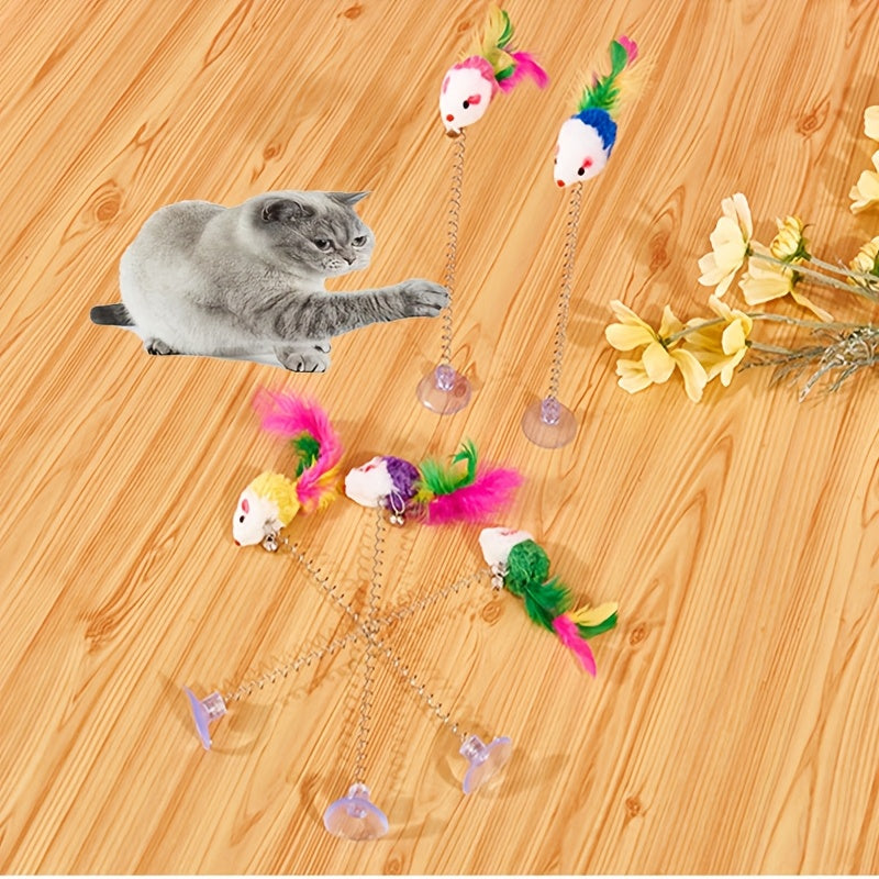 Cat Teaser Toy with Suction Cup Base Elastic Spring and Feathered Fish Attachment for Cats