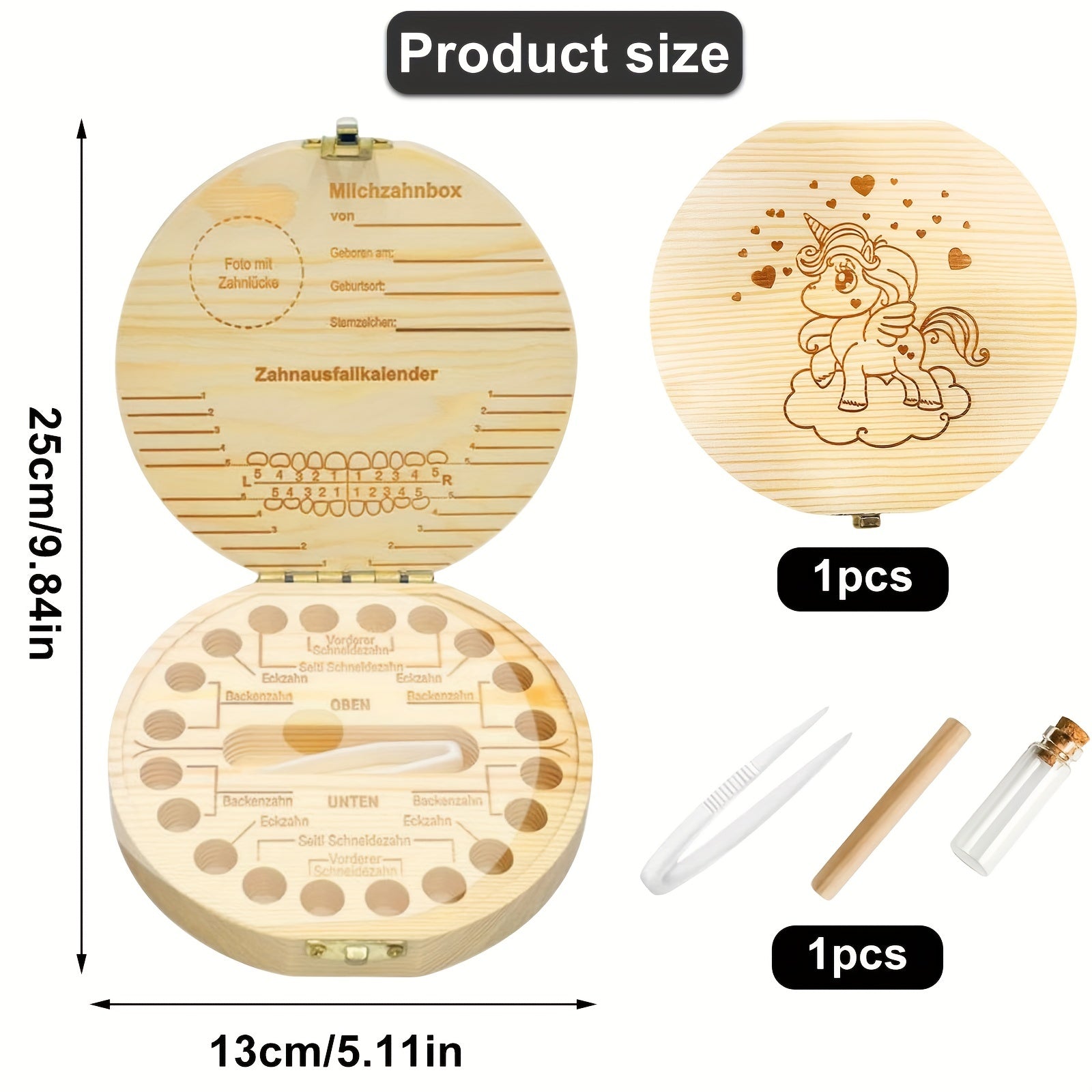 Wooden Unicorn Jewelry Box for Girls with Storage Compartment and Tweezers