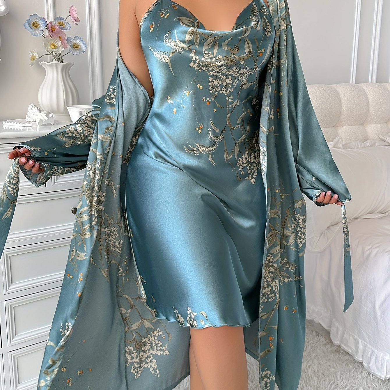 Plus Size Women Long Robe Nightgown Set Puff Sleeves Halter Neck