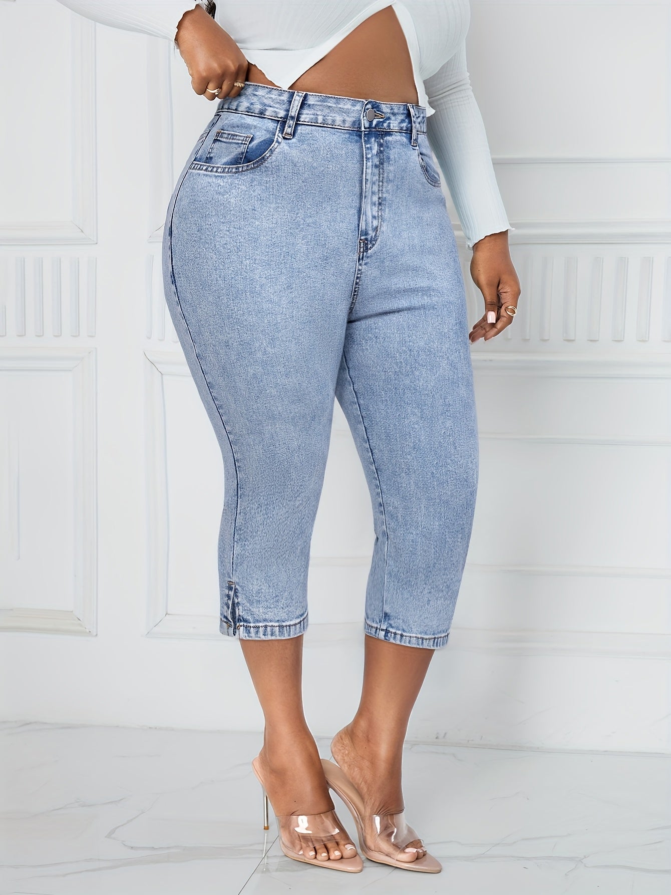 Women's High-Stretch Mid-Thigh Denim Jorts Casual Washed Blue Shorts