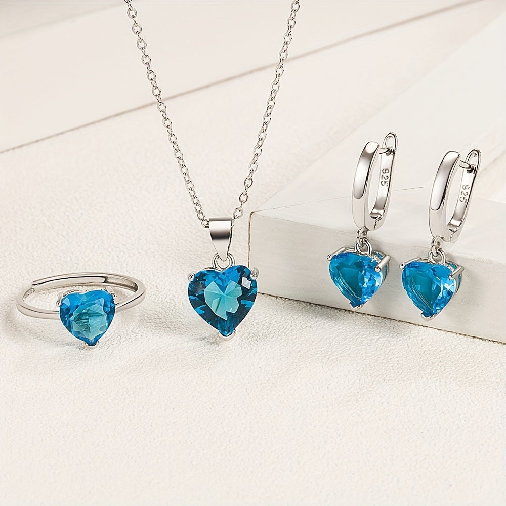 925 Silver Plated Vintage Jewelry Set with Adjustable Ring and Earrings, featuring a Heart-Shaped Cubic Zirconia Pendant Necklace. Ayollar uchun bayram, 14 fevral yoki to'y sovg'asi sifatida ideal.