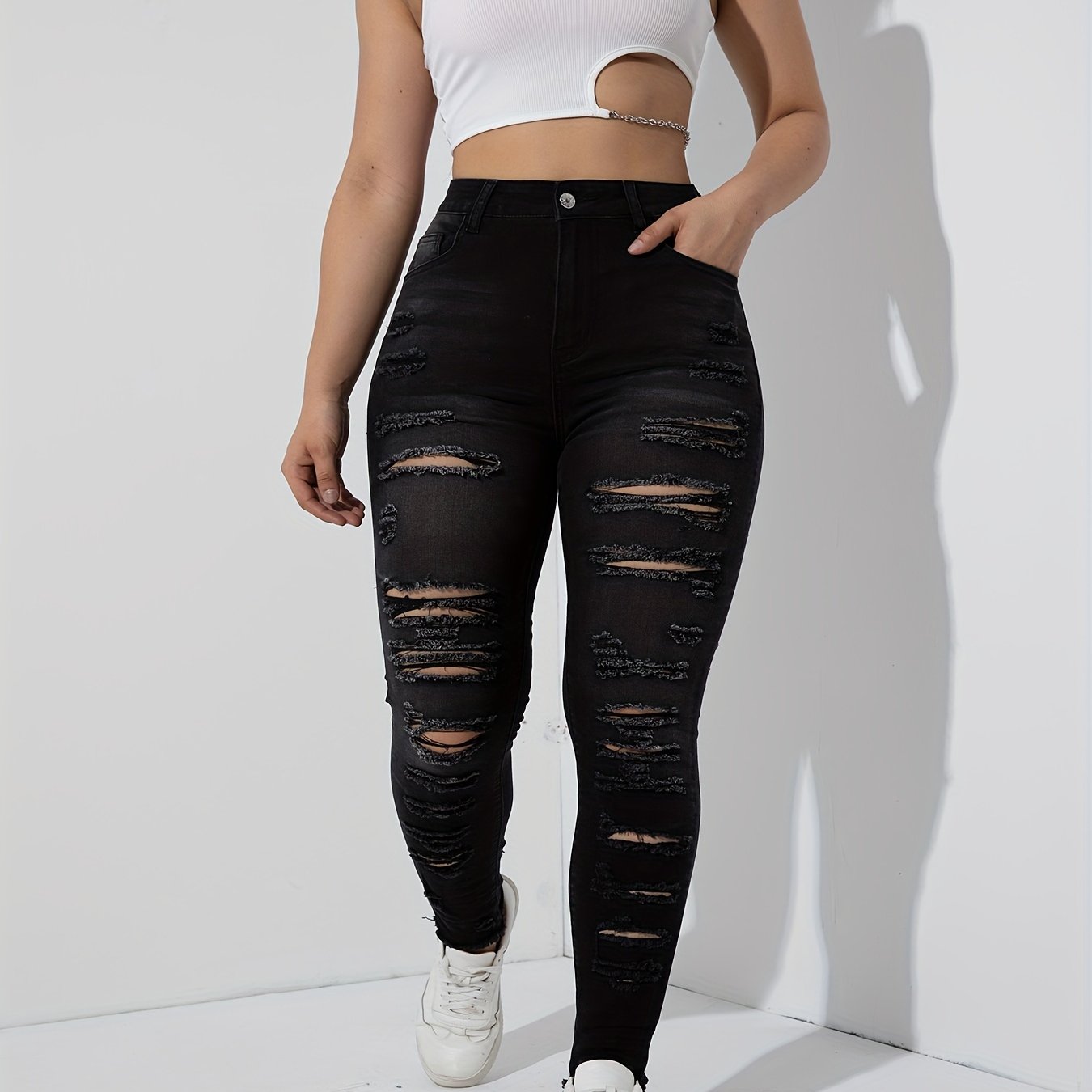 Jeans ajustados rasgados de talla grande para mujer con gran elasticidad y estilo casual