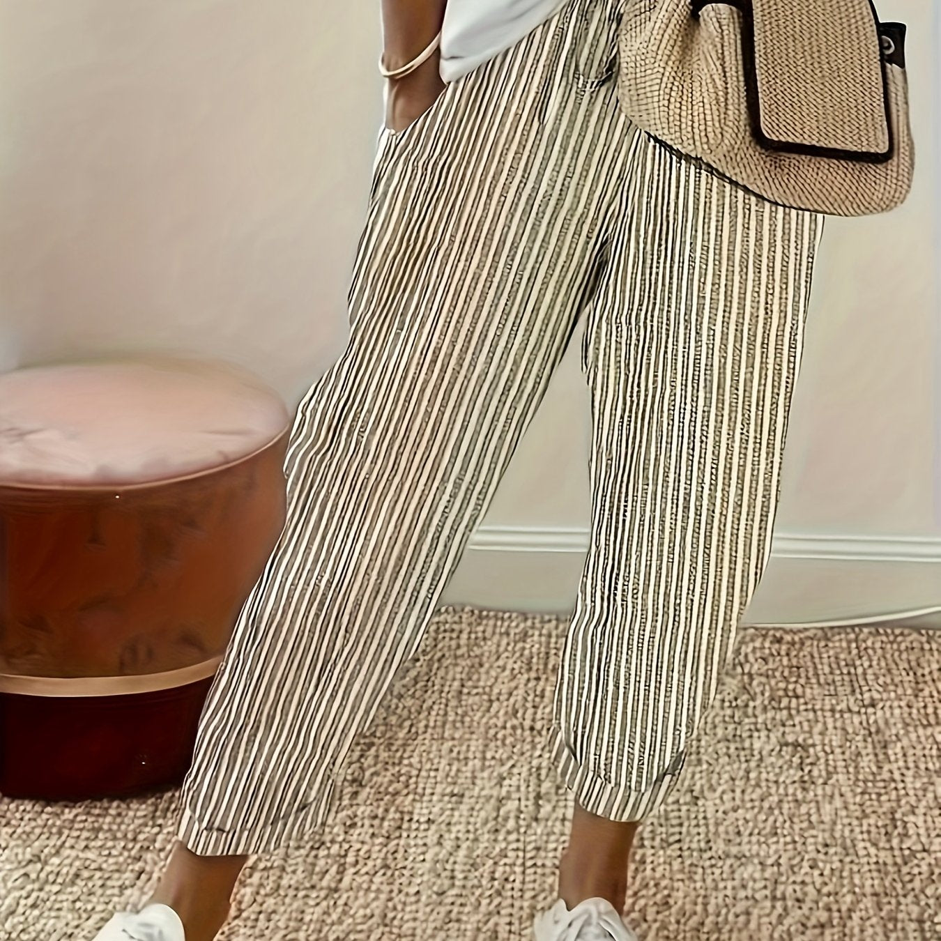 Pantalones casual de mujer de talla grande, ligeros, a rayas en negro y blanco