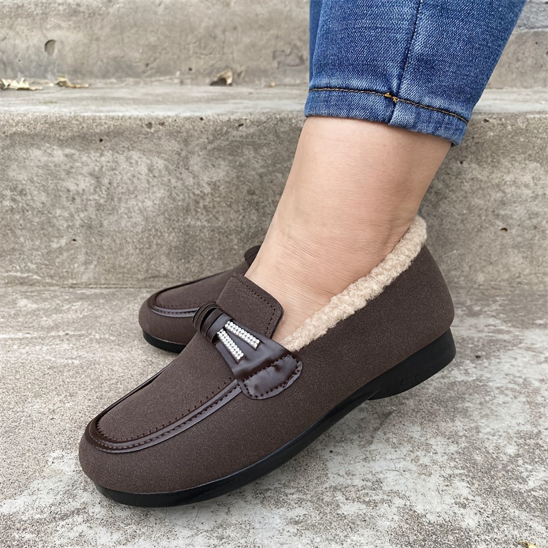 Women's Plush-Lined Loafers Cozy Slip-On Flats Dark Brown