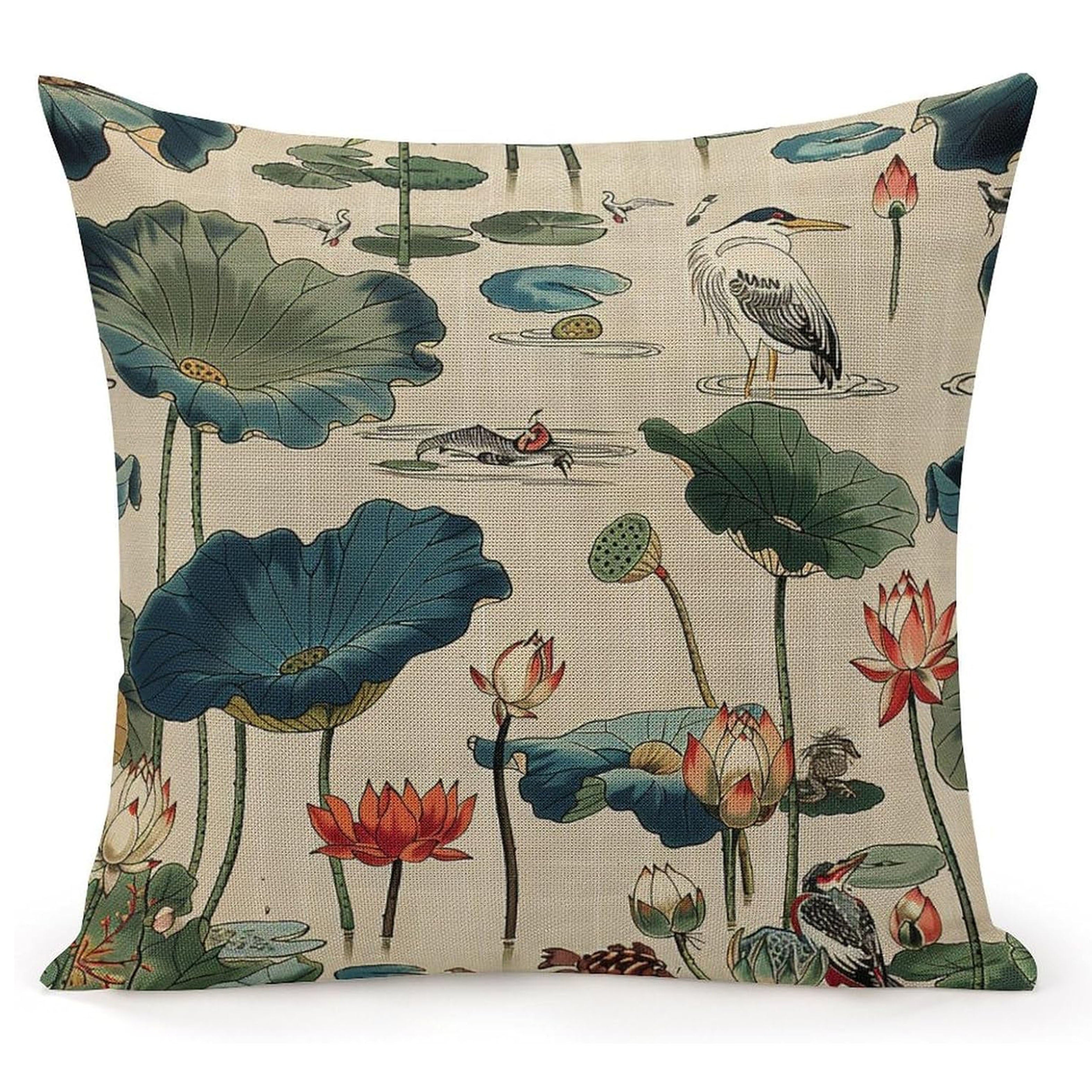 18x18 Linen Throw Pillow Cover with Birds and Lotus Print, Machine Washable, Zipper Closure
