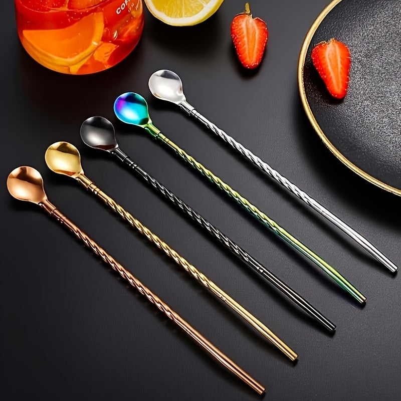 Set of 5 Stainless Steel Straws and Spoons Two-in-One Durable Reusable Drinking Utensils