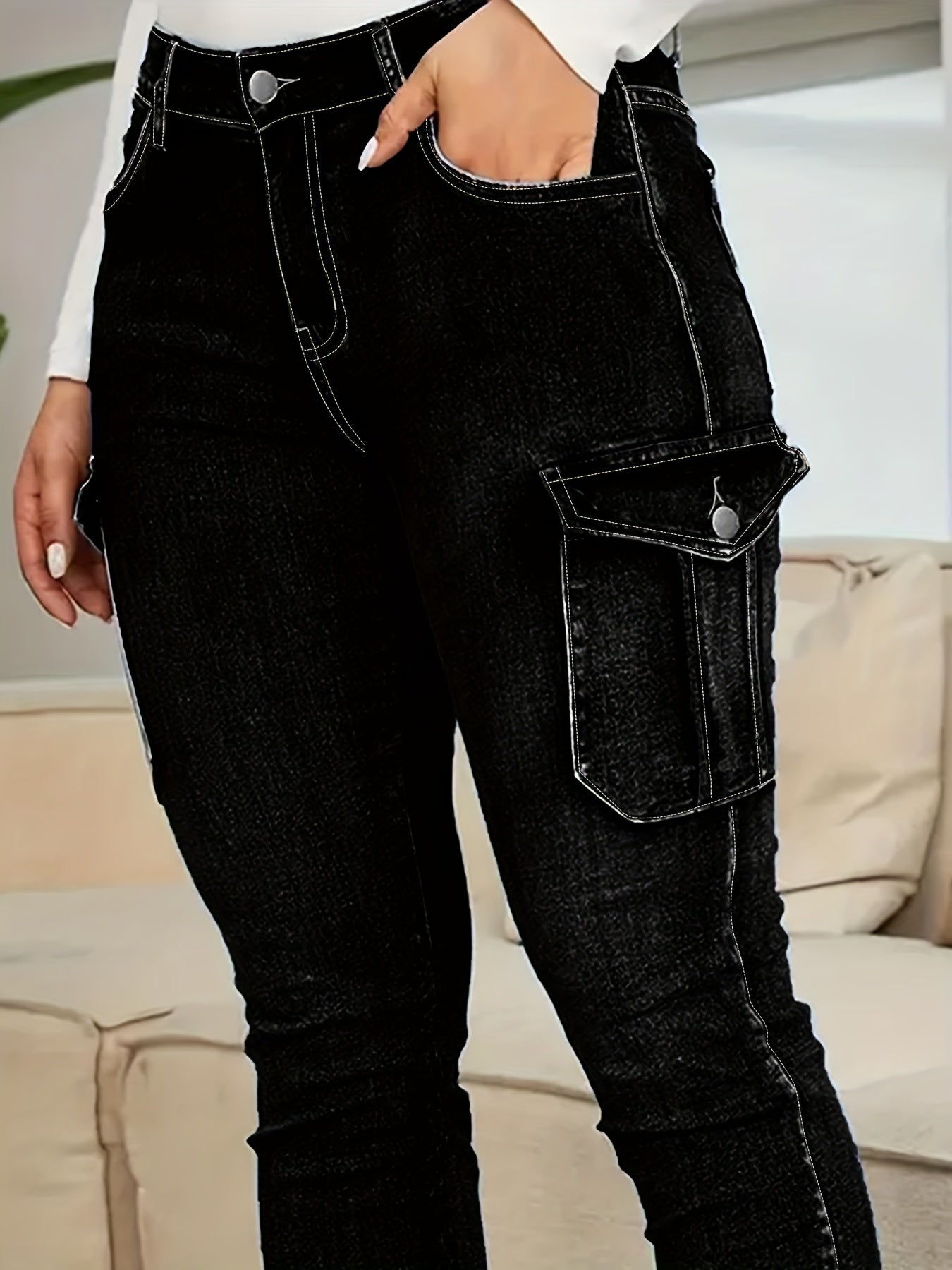 Women's Plus Size Black High-Waisted Stretch Skinny Jeans Cargo Pants