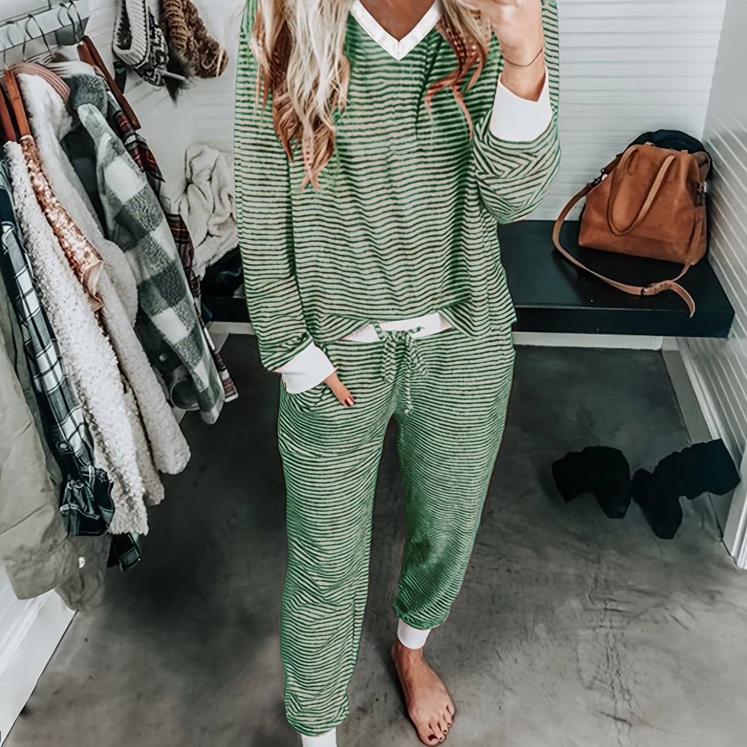 Women's Knit Striped Pajama Set Long Sleeve V-Neck Drawstring Fall Winter Lounge