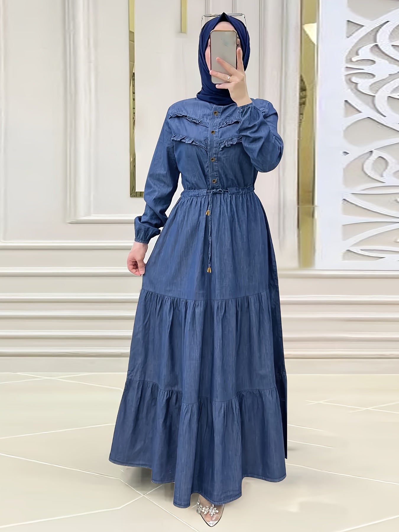Vestido largo de manga larga para mujer, vestido maxi modesto de color sólido, Ramadan, con botones, elegante, tejido entrelazado
