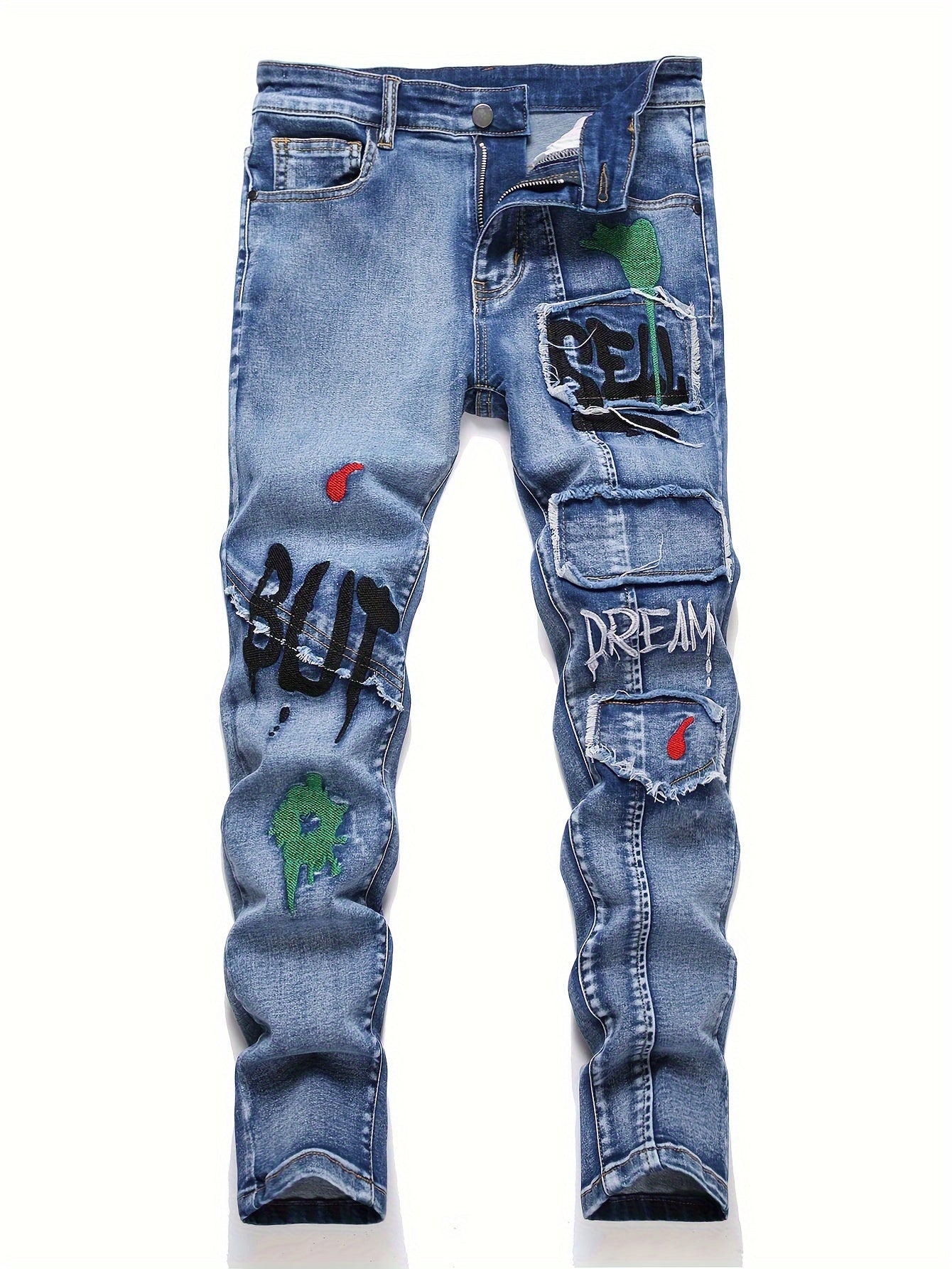 Boys Embroidered Graffiti Jeans with Elastic Waist and Cuffs Cotton Blend All-Season