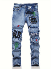Boys Embroidered Graffiti Jeans with Elastic Waist and Cuffs Cotton Blend All-Season