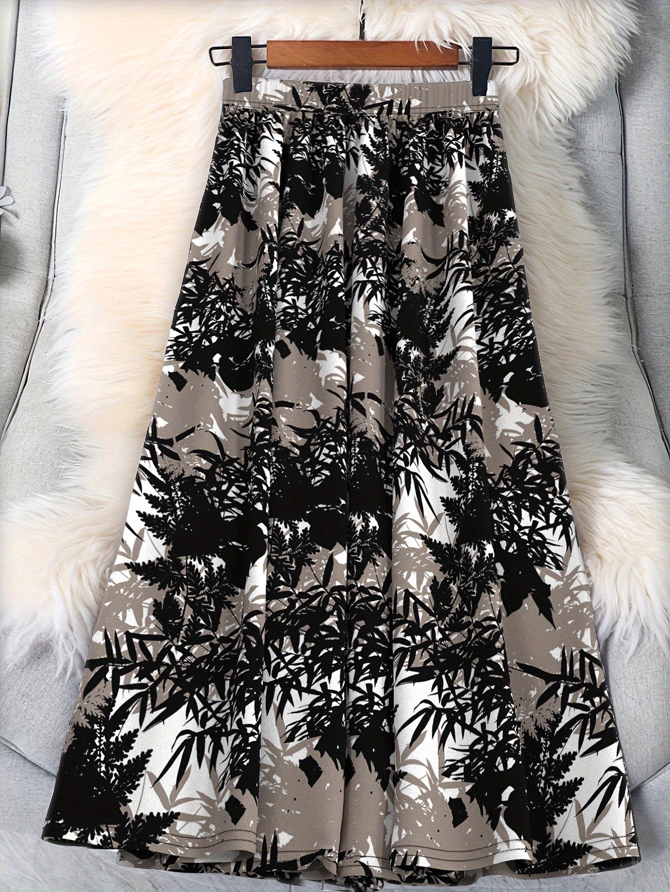 Plus Size Leaves Print Skirt Casual Elastic Waist Spring Summer Women's Clothing