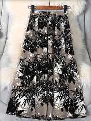 Plus Size Leaves Print Skirt Casual Elastic Waist Spring Summer Women's Clothing