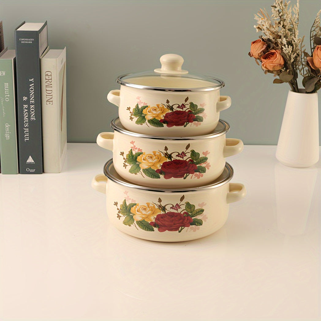Set of 3 Enamel Cookware with Glass Lids for Soups and Stews Gas Stove Compatible