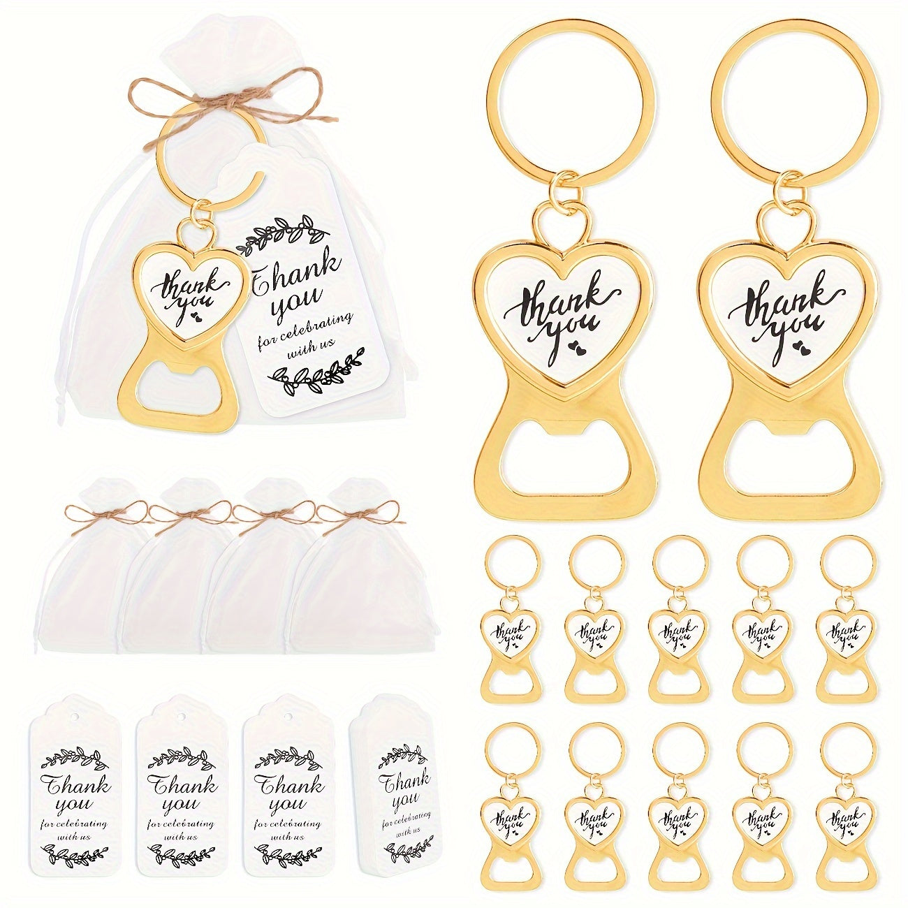 24 Wedding Bottle Openers with Cards and Organza Bags for Guests