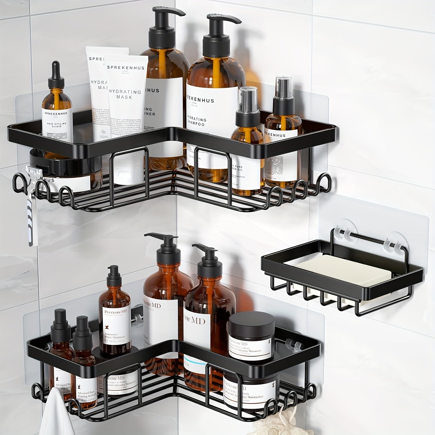 Corner Adhesive Shower Caddy with Soap Holder and Hooks Black Rustproof Stainless Steel Bathroom Organizer