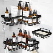 Corner Adhesive Shower Caddy with Soap Holder and Hooks Black Rustproof Stainless Steel Bathroom Organizer