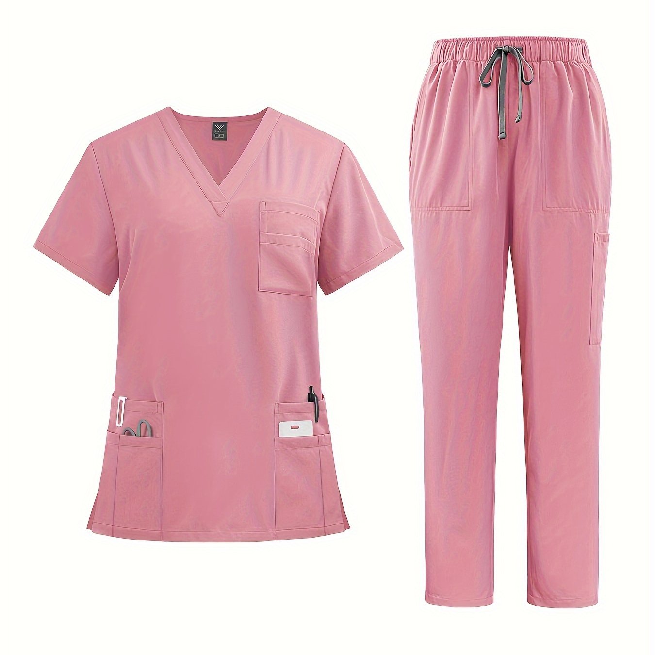 Polyester Spandex Scrubs Set with V-Neck Shirt and Straight-Leg Pants for Nurses and Surgeons