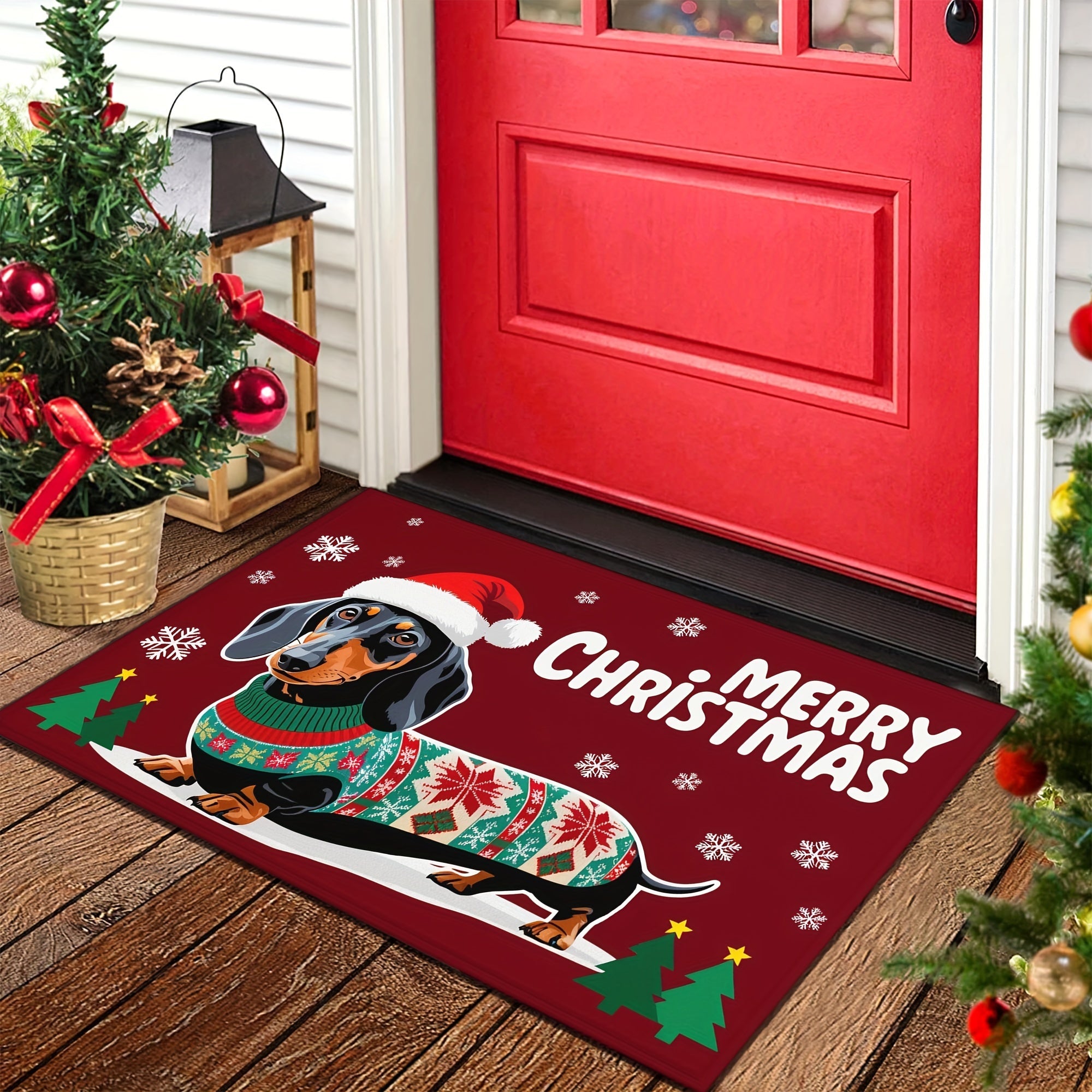 Christmas Dachshund Doormat Non-Slip Polyester Rug with Rubber Backing