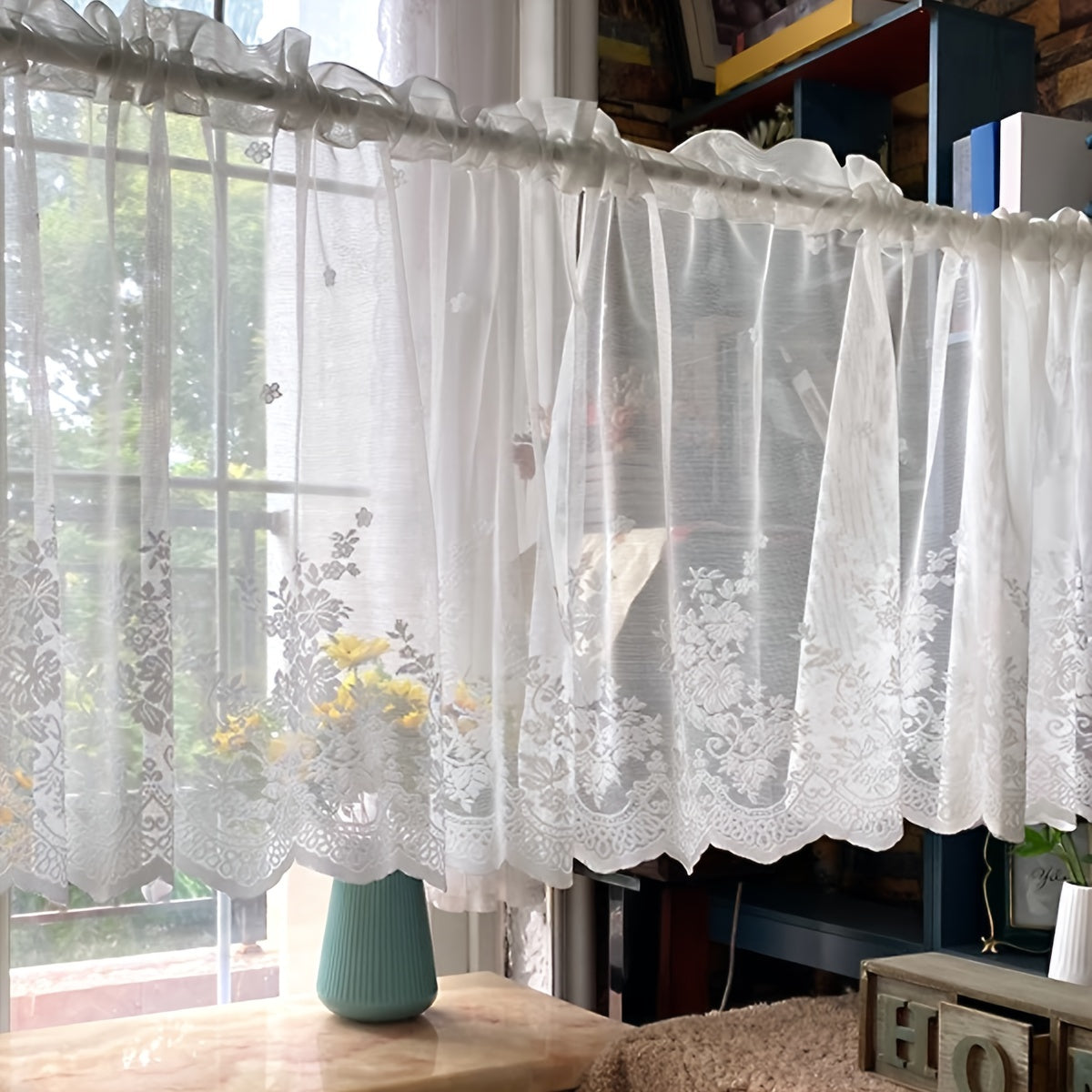Lace Flower Coffee Curtain White for Kitchen or Restaurant Small Windows and Doors