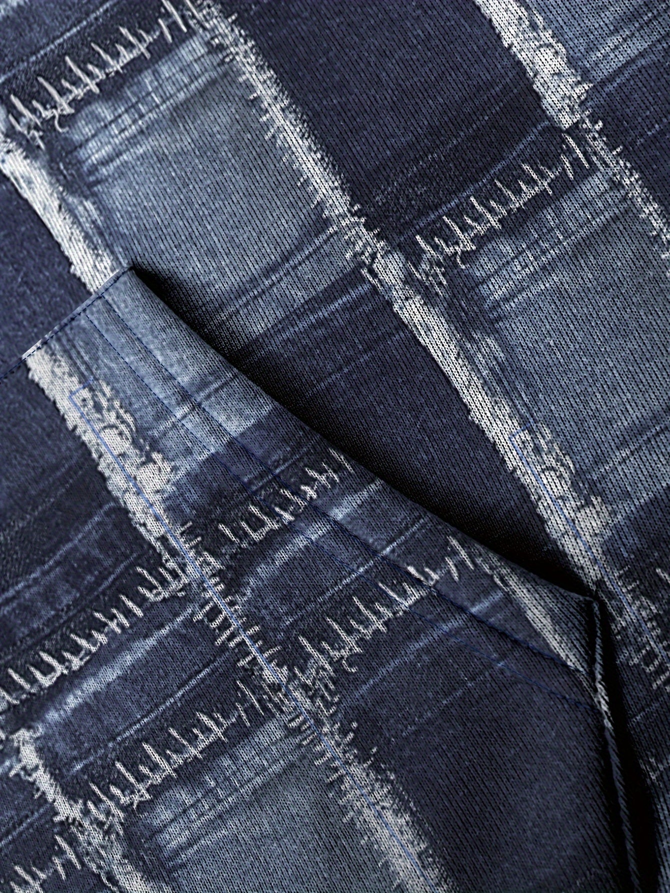 Plus Size Men's Faux Denim Print Hooded Jacket with Zipper Pockets and Machine Washable