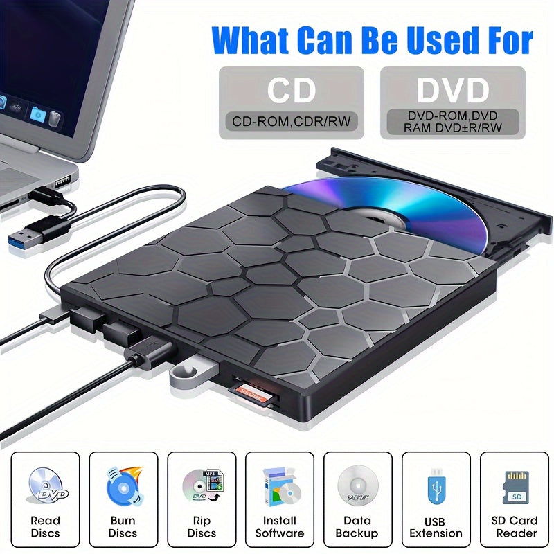 8-in-1 USB 3.0 External CD/DVD Drive for Mac Windows Linux with SD Card Reader