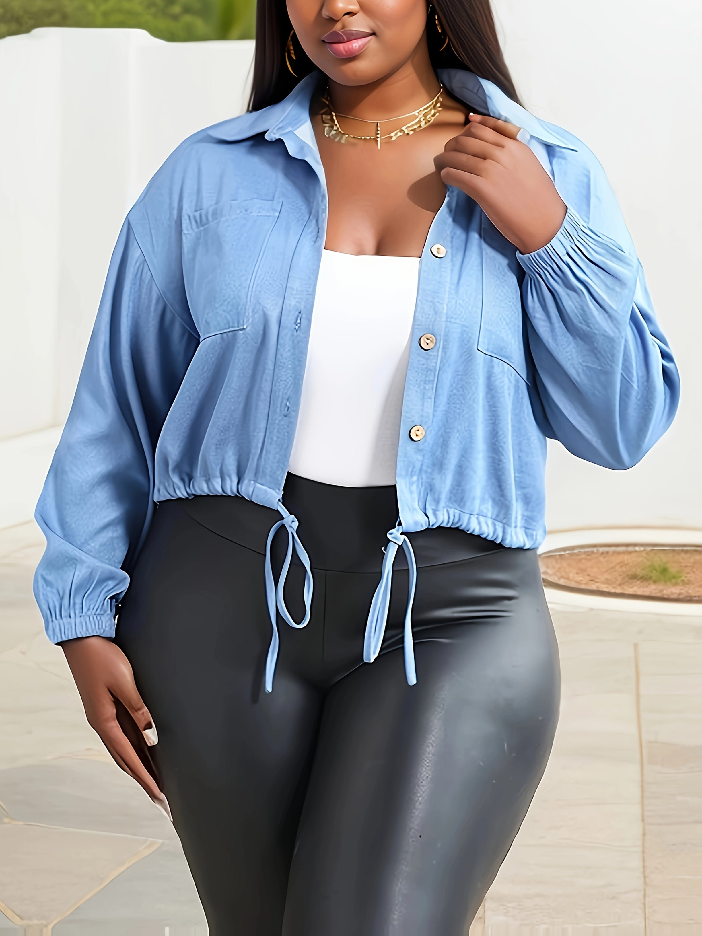 Plus Size Women's Denim Shirt with Drawstring Waist All-Season Casual Top