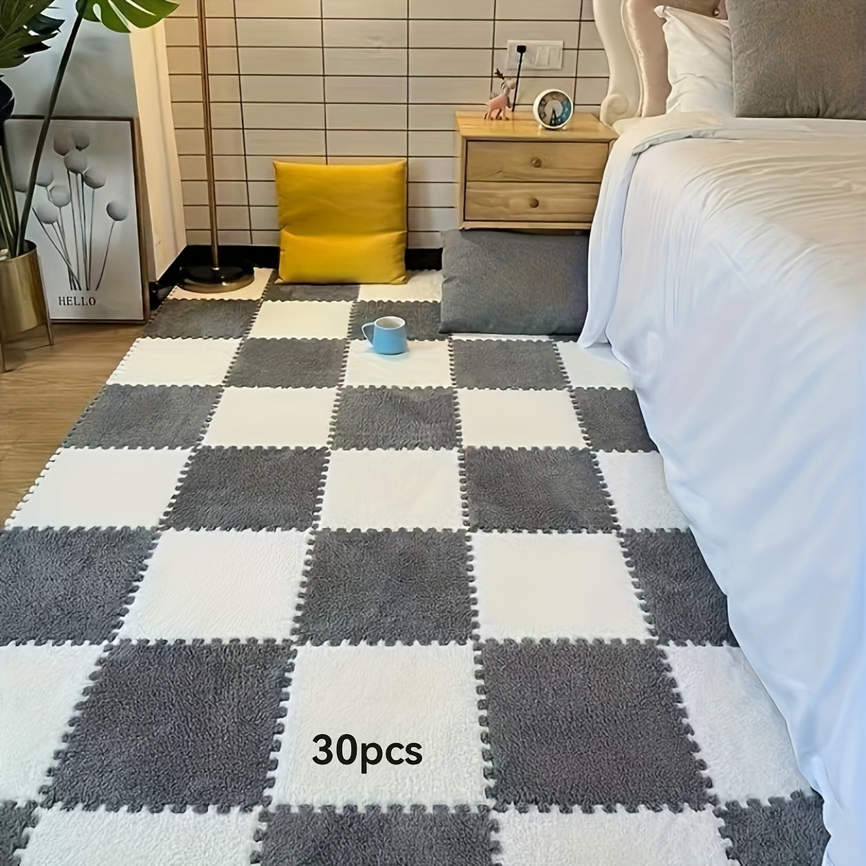 Set of 30 Braided Flannel Area Rugs Square Mats Low Pile Floor Tiles for Bedroom Living Room