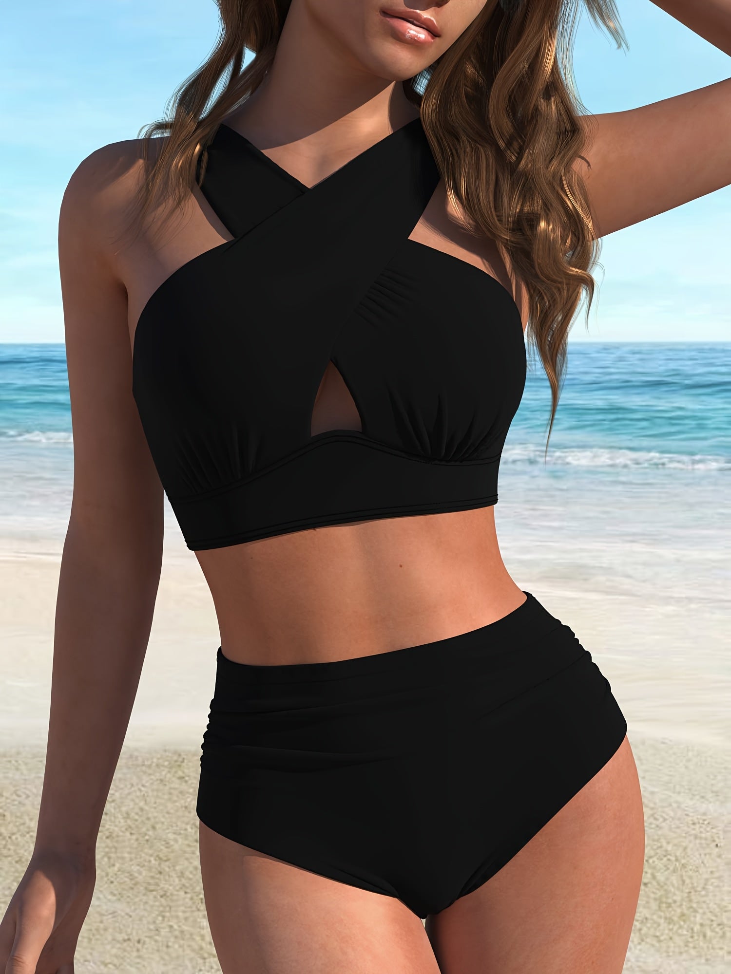 Women's Solid Color Bikini Set with High Stretch Knit Fabric Cross Front Detail