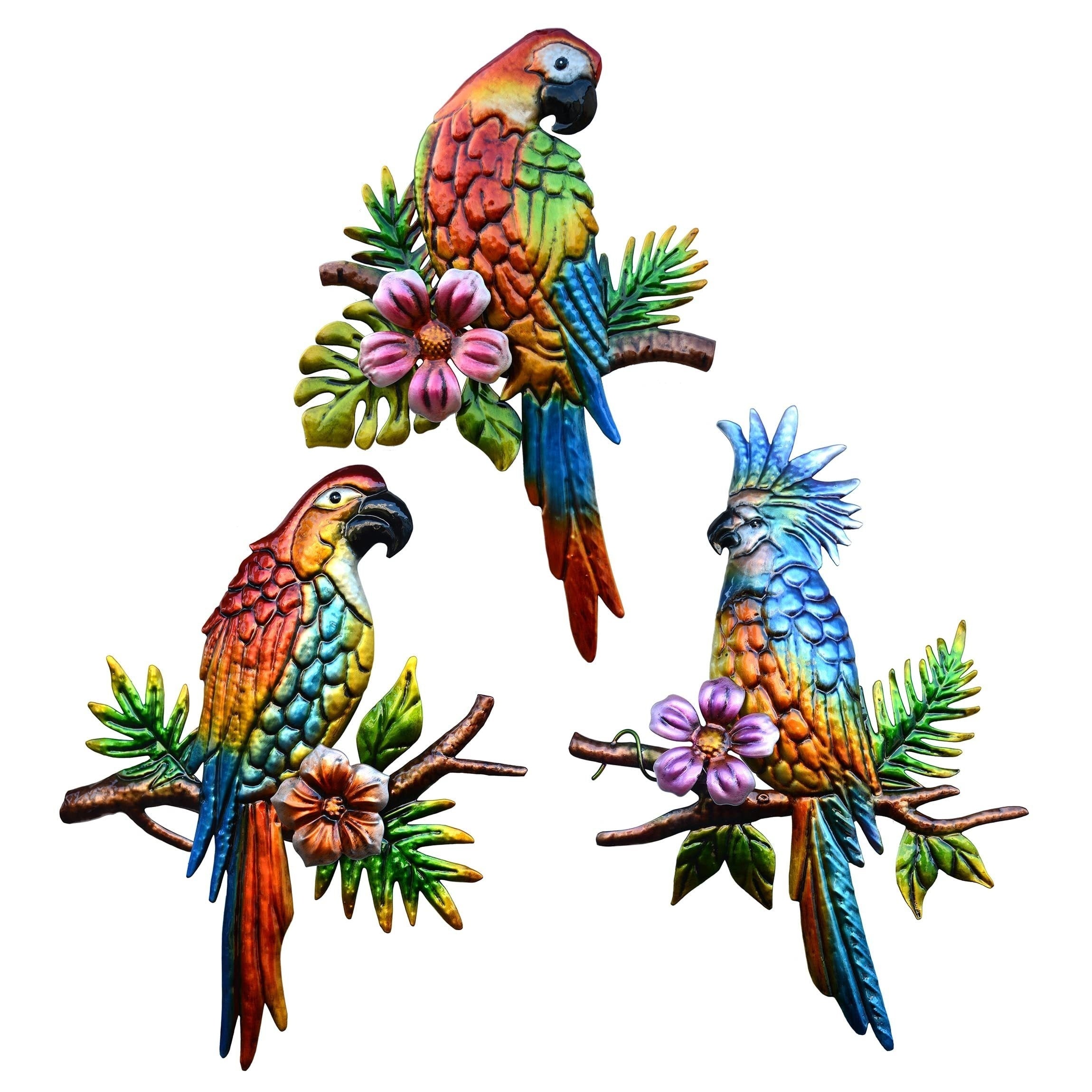 Set of 3 Metal Parrot Tropical Wall Art Decor for Indoor and Outdoor Use