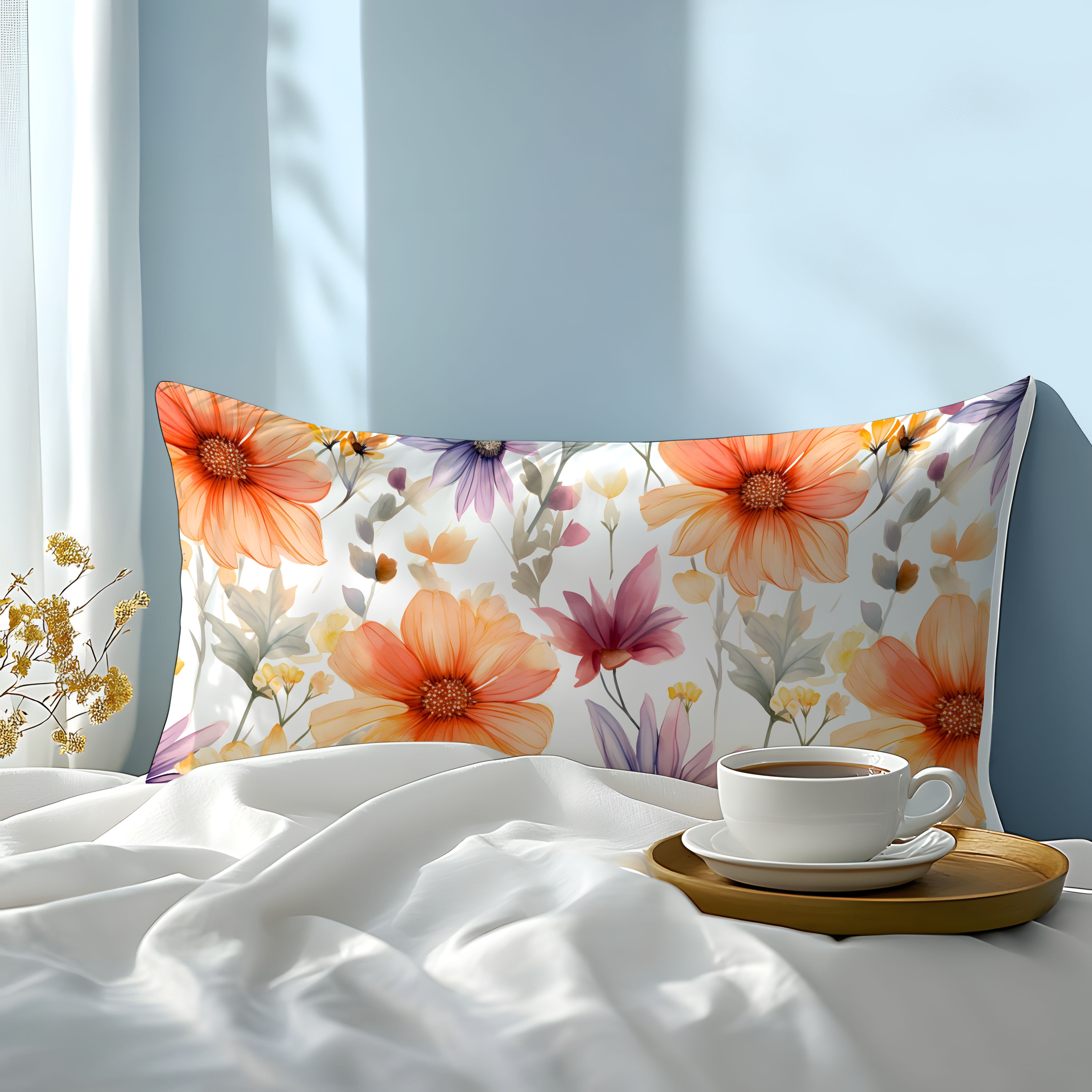 Orange Floral 3D Print Pillowcase Soft Skin-Friendly Fabric Machine Washable Envelope Closure Bedroom Guest Room Hotel