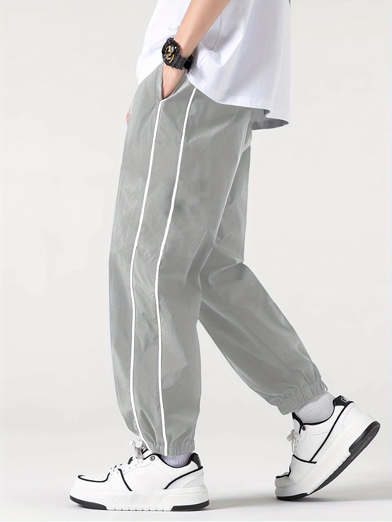 Men's Polyester Jogger Pants with Color-Blocking Stripes Casual Spring Fall Drawstring Waist