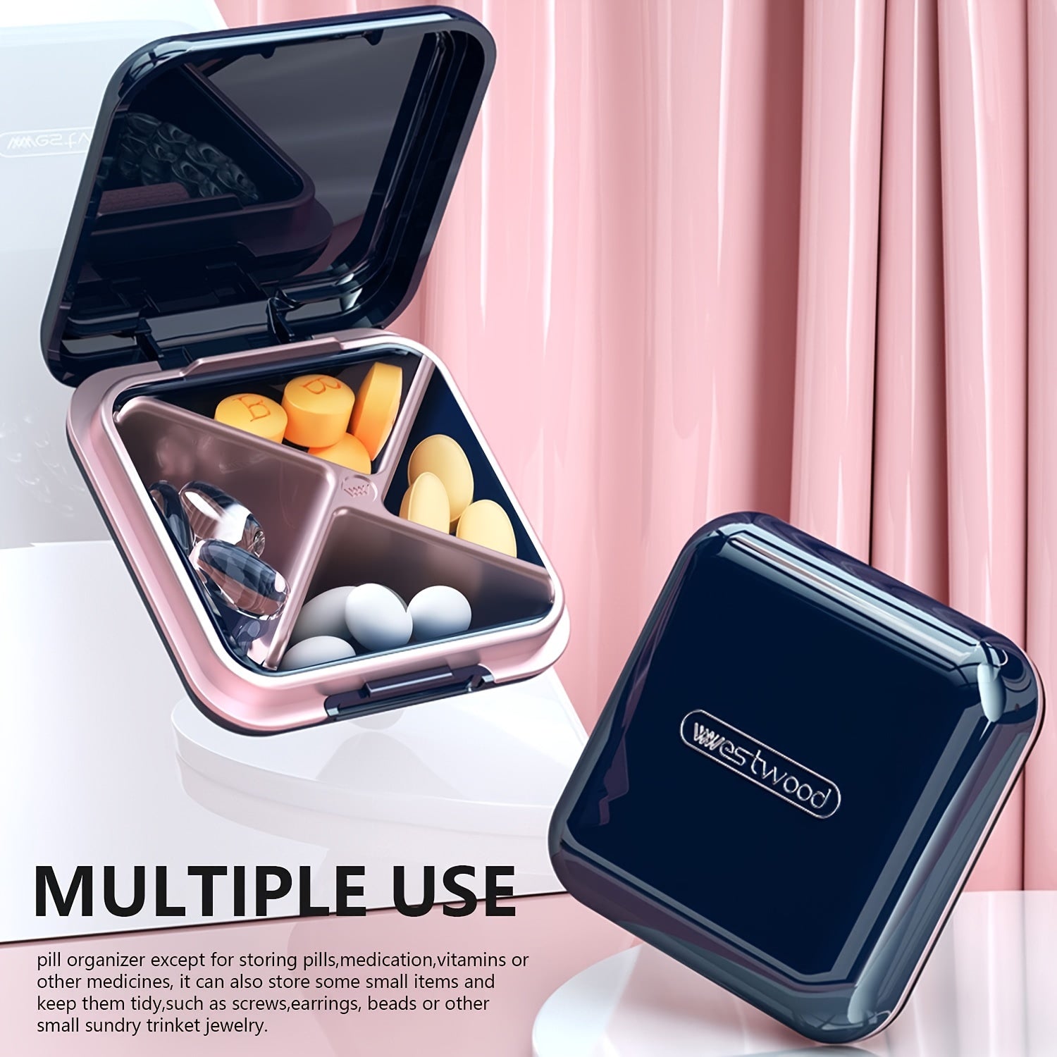 Compact Waterproof Pill Box for Travel, 4-Compartment Medicine Organizer