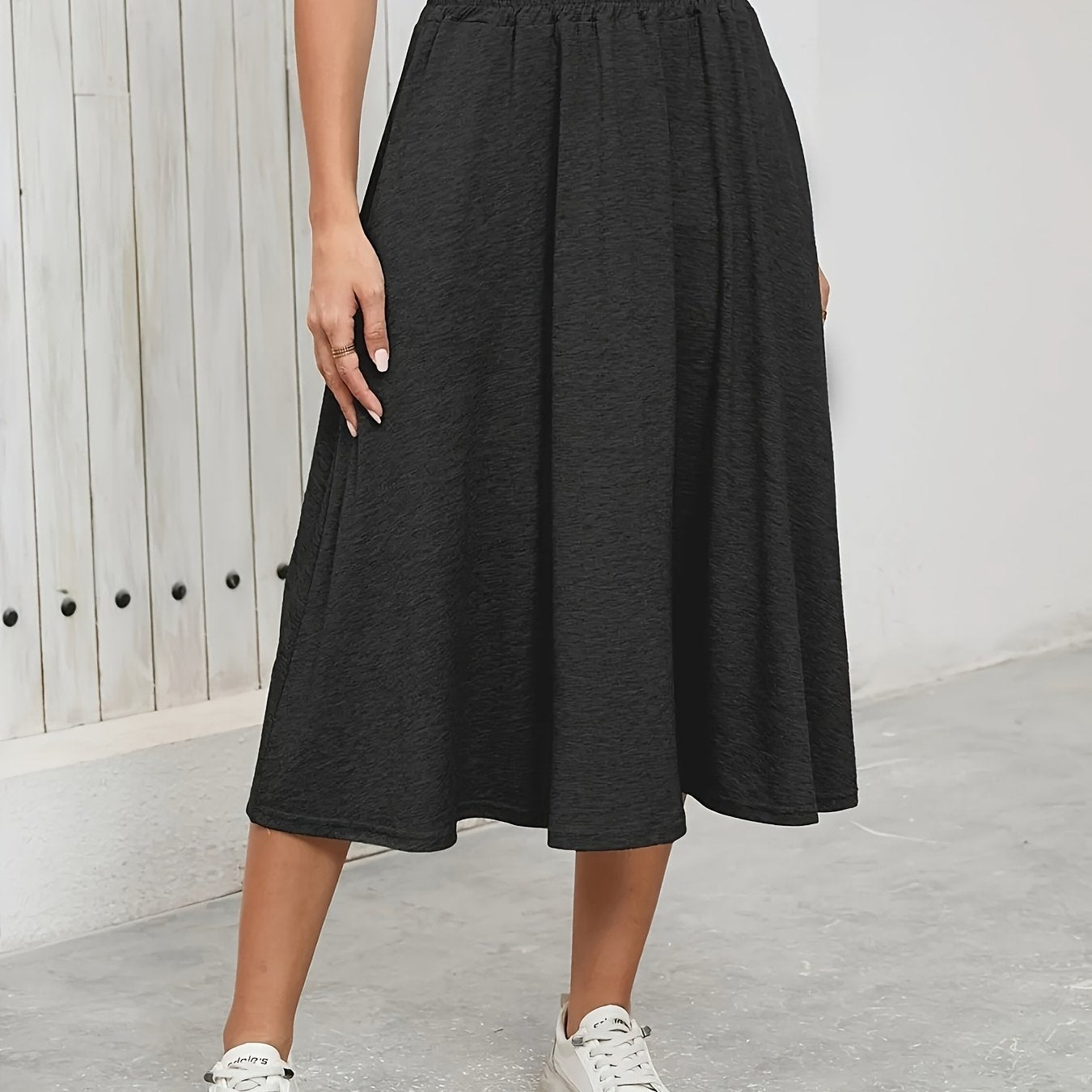 Plus Size Women's High-Waisted Flared Skirt Black Stretchy Spring Summer Fall