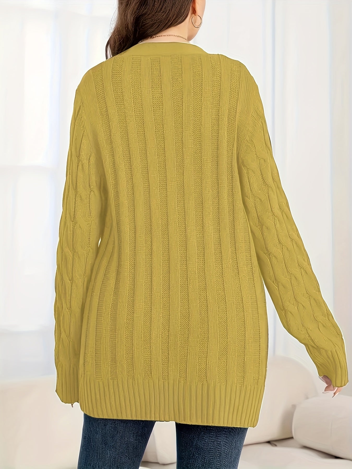 Plus Size Women's Solid Color Cable Knit Open Front Long Sleeve Cardigan