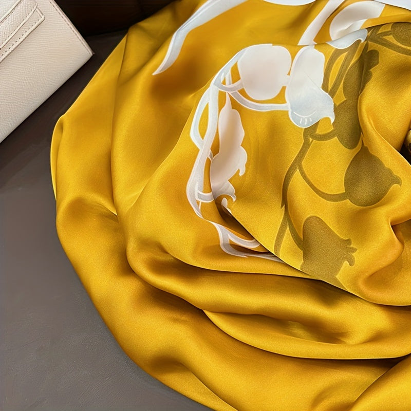 Yellow Plant Print Satin Scarf for Spring and Autumn Sunshade Beach Towel
