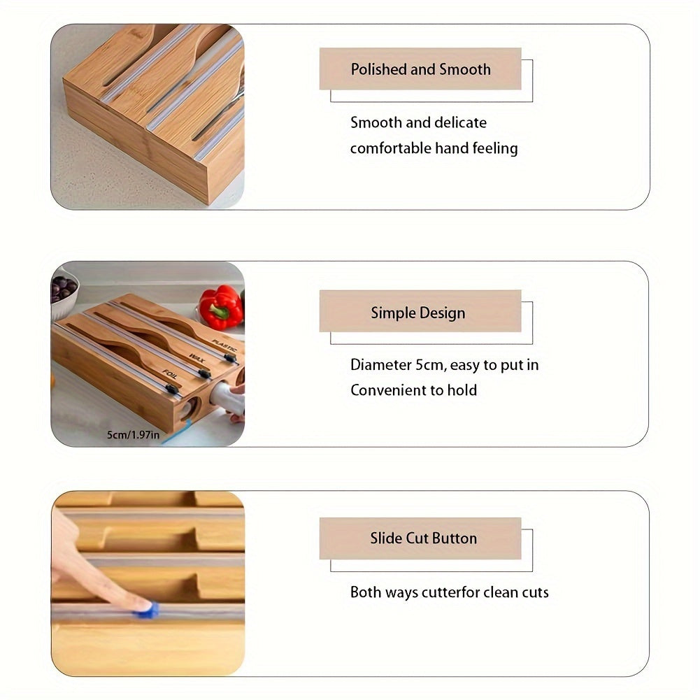 Bamboo Kitchen Organizer for Plastic Wrap Foil and Wax Paper Dispenser