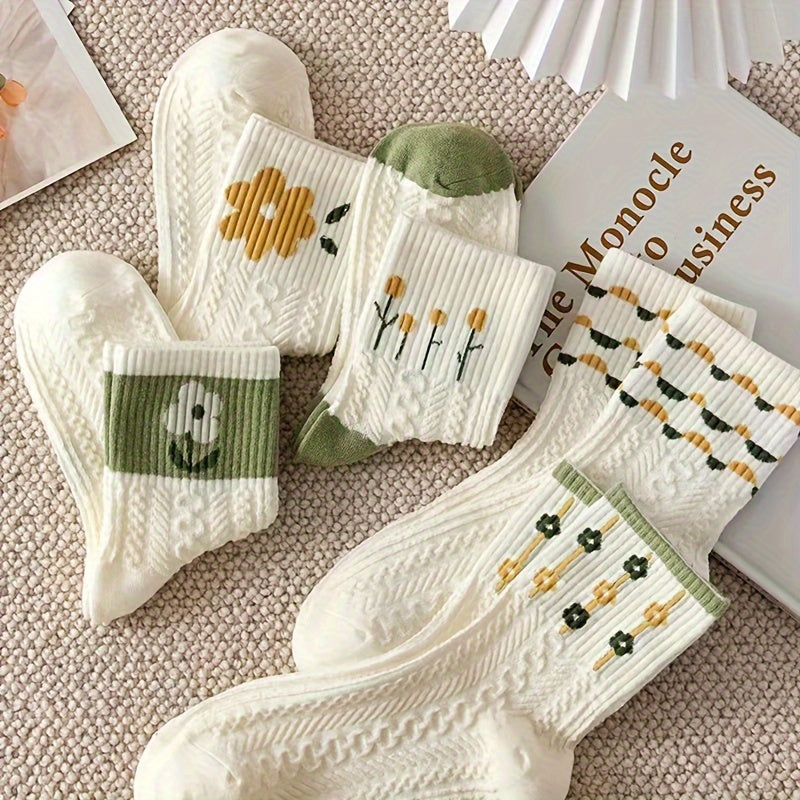 Women's Mid-Calf Socks 5 Pairs Floral Pattern Polyester Spandex