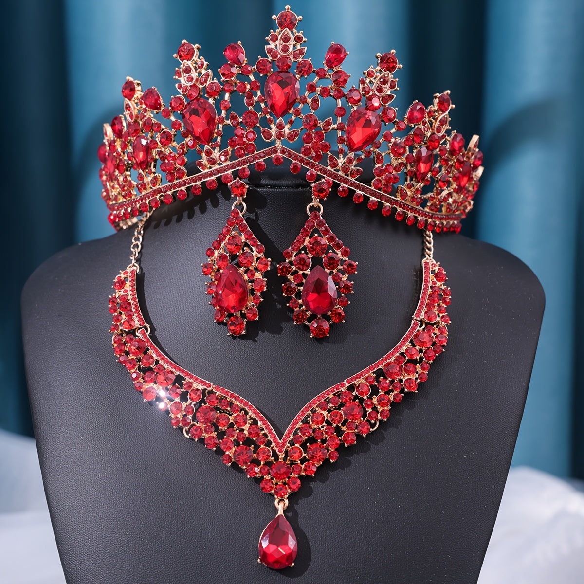 Conjunto de joyería nupcial, corona de pedrería, collar y pendientes para bodas, promesas y fiestas