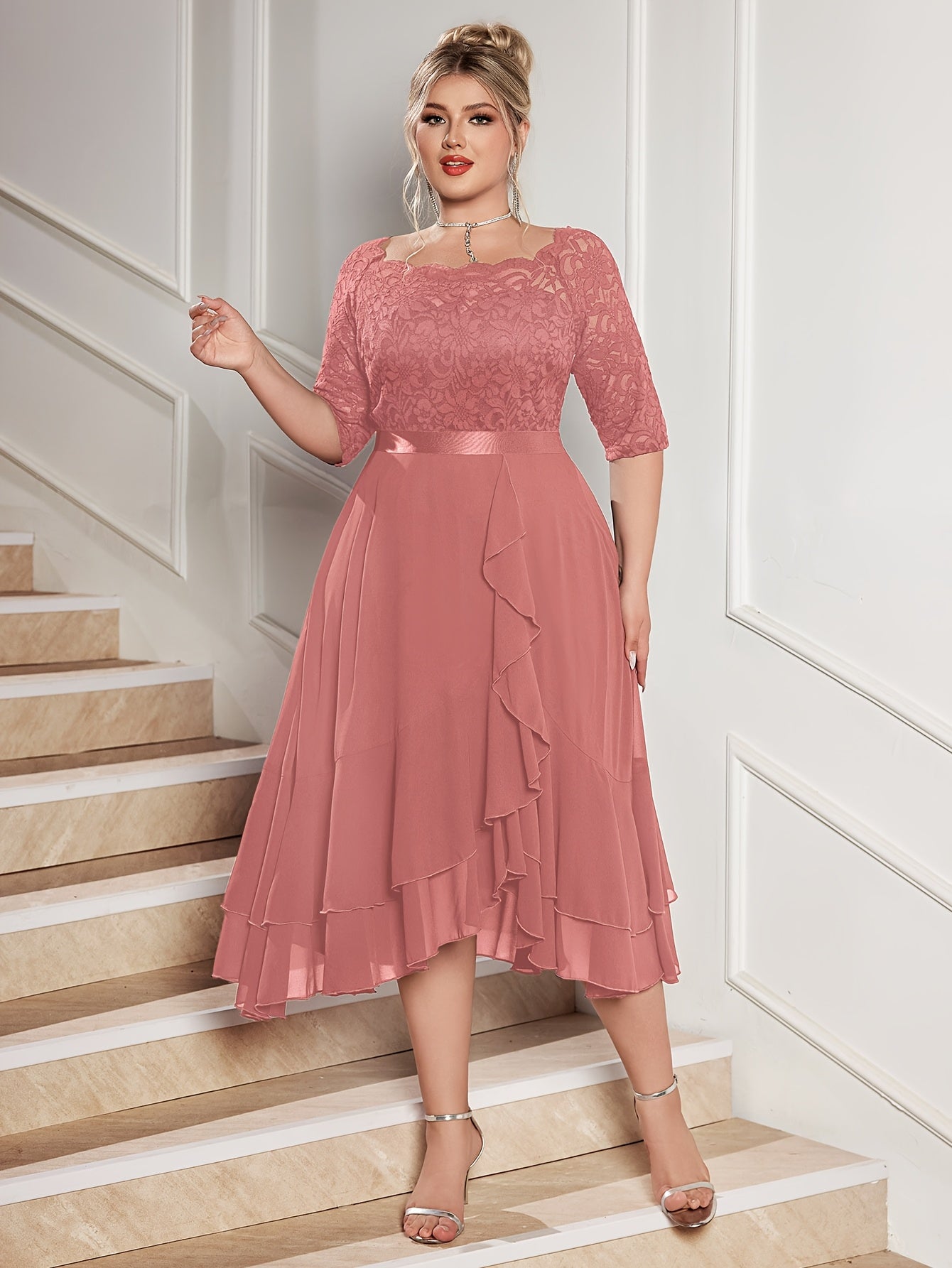 Plus Size Off Shoulder Lace Chiffon Midi Dress Ruffle Sleeve Wedding Party