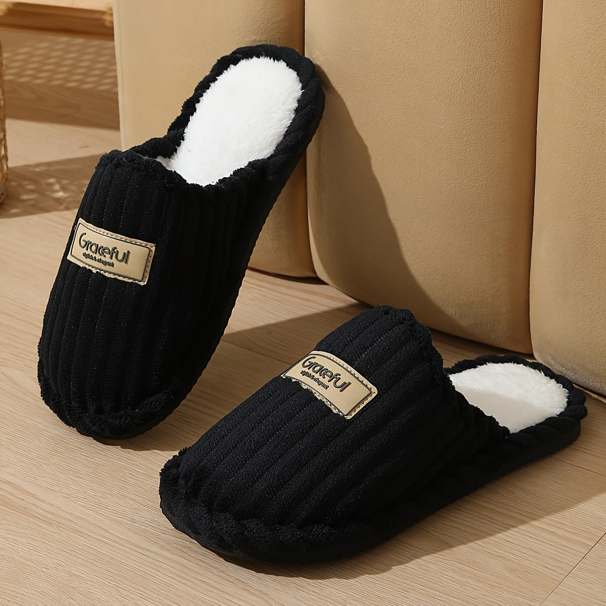 Women's Fleece Slippers with Striped Pattern Indoor/outdoor Non-slip Plush Sole