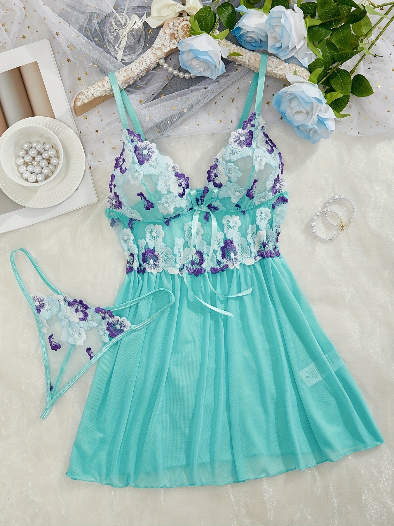 Women's Satin Garter Sleepwear Set with Lace Detailing