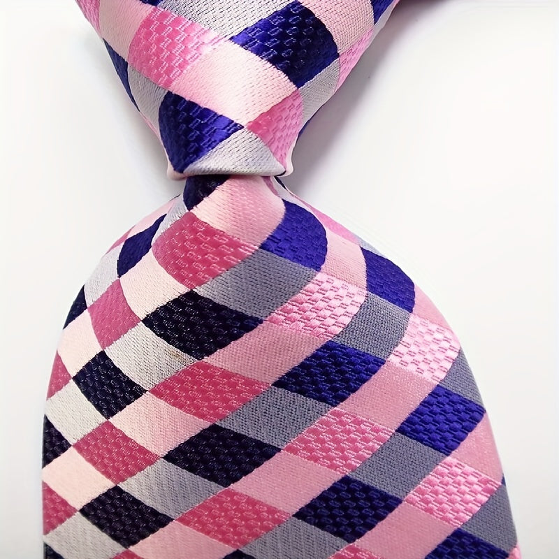 Men's Jacquard Woven Necktie Set Pink Yellow Black Plaid 8.99 cm