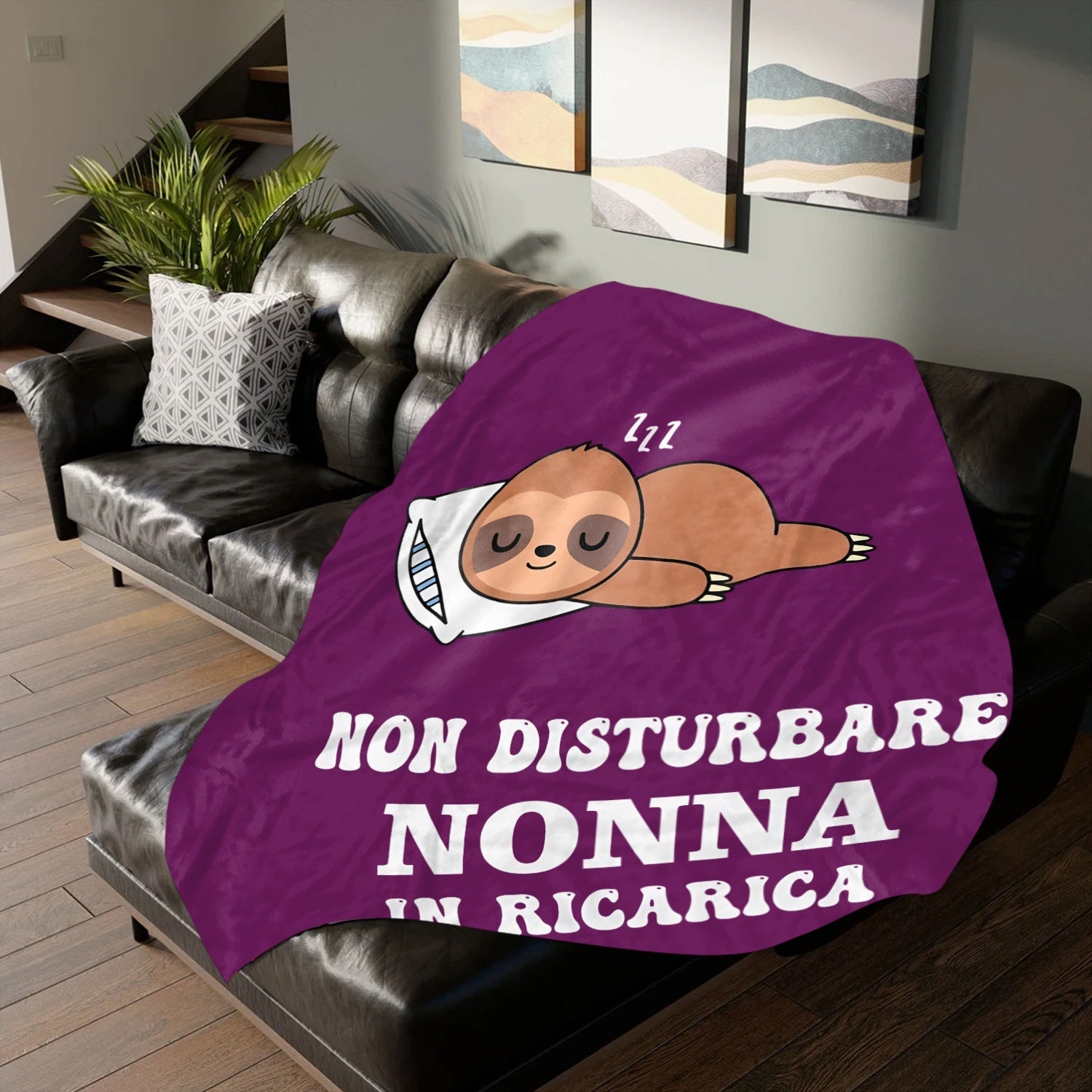 Purple Cartoon Sloth Throw Blanket with Quote Non Disturbare Nonna in Ricerica Soft Flannel Fleece All Seasons