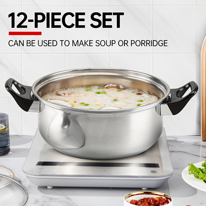 12-Piece Stainless Steel Cookware Set with Soup Pots Milk Pots and Kettle Natural Wood Grain Finish