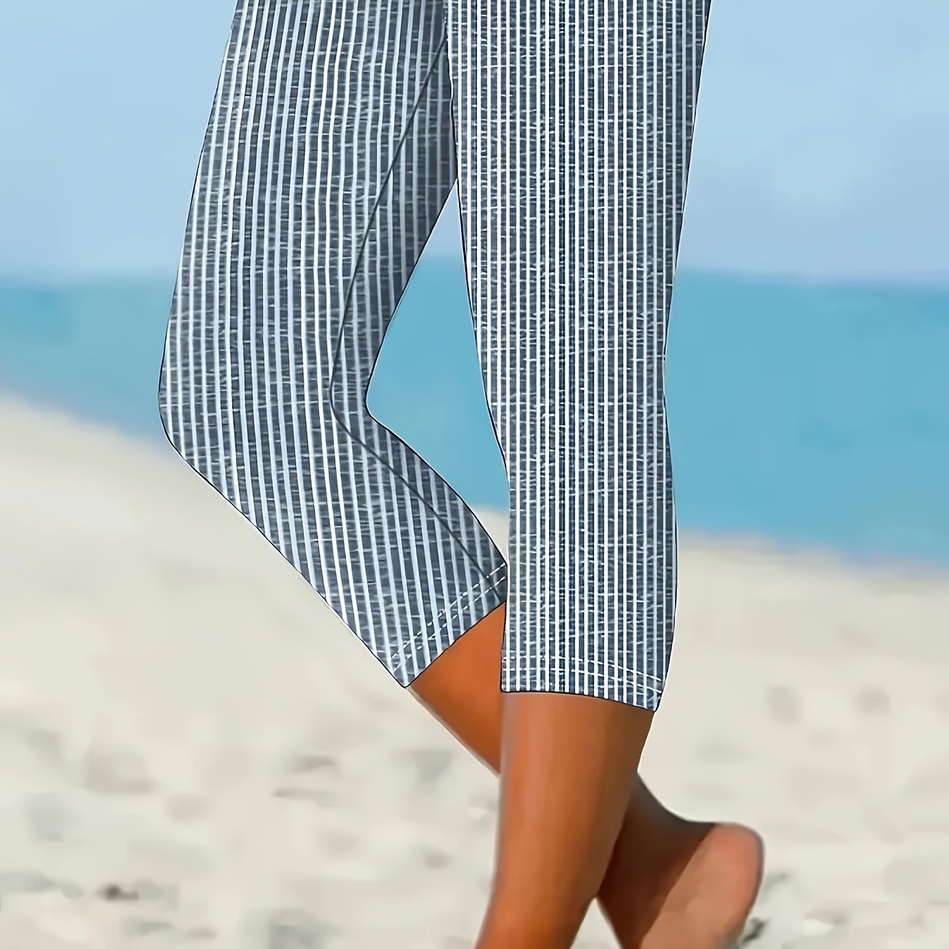 Women's Printed Capri Leggings Stretchy Mid-Length with Blue White Stripes