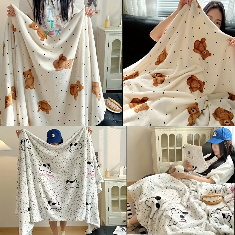 Fleece Throw Blanket with Bear and Puppy Prints Ultra-Soft Digital Polyester Lightweight for Sofa Bed or Office